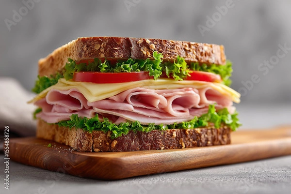 Fototapeta Close-up of a fresh deli sandwich with layers of ham, cheese, lettuce, and tomato on whole grain bread, placed on a wooden board