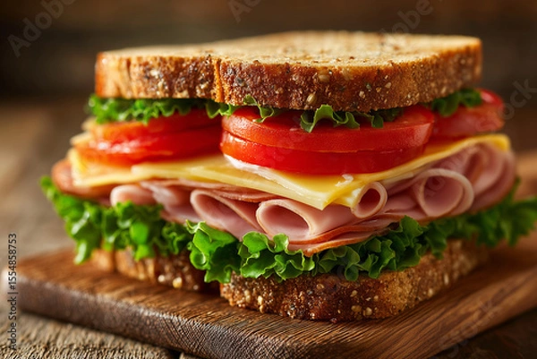 Fototapeta Close-up of a fresh deli sandwich with layers of ham, cheese, lettuce, and tomato on whole grain bread, placed on a wooden board