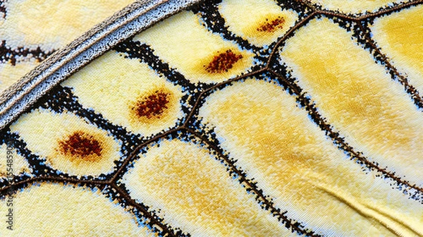 Fototapeta Detailed close-up view of a butterfly wing, showing intricate patterns and textures.  The wing's surface is composed of  pale yellow and cream colored scales, interwoven 