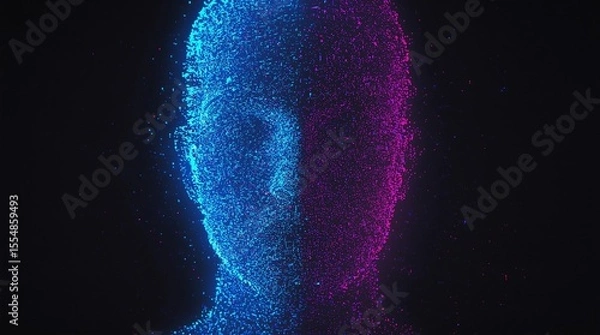 Fototapeta Big data and artificial intelligence concept. Machine learning and cyber mind domination concept in form of women face on dark blue technology background, 3d illustration