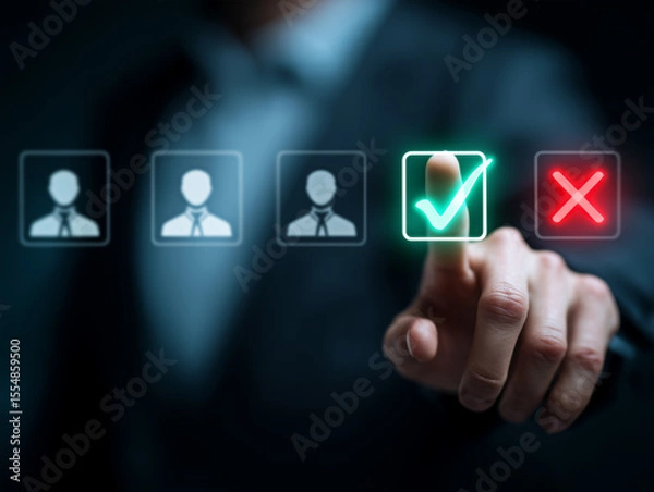 Fototapeta Hand selecting a candidate with a green checkmark on a digital interface