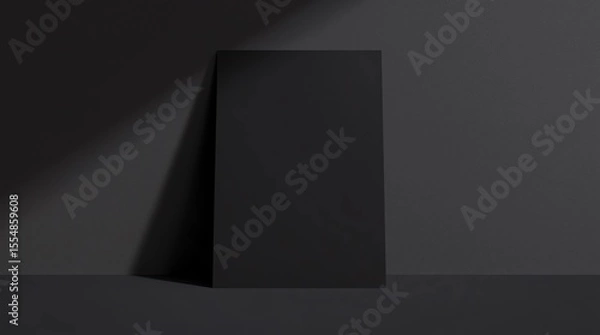 Fototapeta Black poster mockup standing on the floor near black wall. Blank Canvas Mockup for design