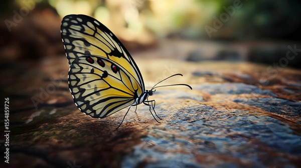 Fototapeta A butterfly rests on a rock, wings spread wide, showcasing intricate patterns of yellow and black.  Soft sunlight bathes the scene