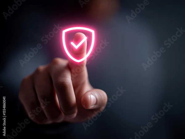 Fototapeta Finger touching a glowing shield icon with a checkmark