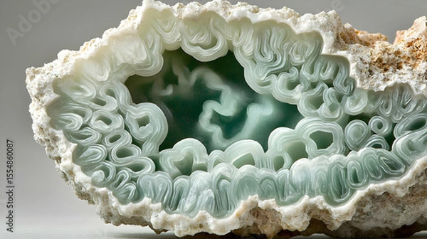 Fototapeta Detailed close-up of a polished mineral slice, revealing intricate, light-green, swirling patterns within a light-beige matrix.  Layers of the mineral create a textured, almost organic design
