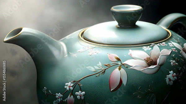 Fototapeta Close-up of a teal-colored teapot with a floral design.  The teapot features a  decorative lid and handle.  Soft light highlights the  delicate magnolia blossoms