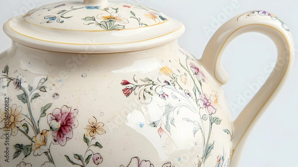 Fototapeta Cream-colored teapot with floral and  decorative patterns.  Detailed painted floral designs, including various flowers, vines, and small insects, decorate the cream-colored surface. 