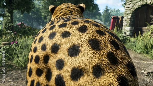 Fototapeta Close-up of a creature's spotted back.  Dense,  tan fur with  dark spots. Lush foliage and pathway in background