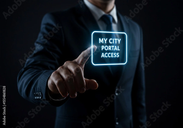 Fototapeta Businessman pressing a glowing button for city portal access