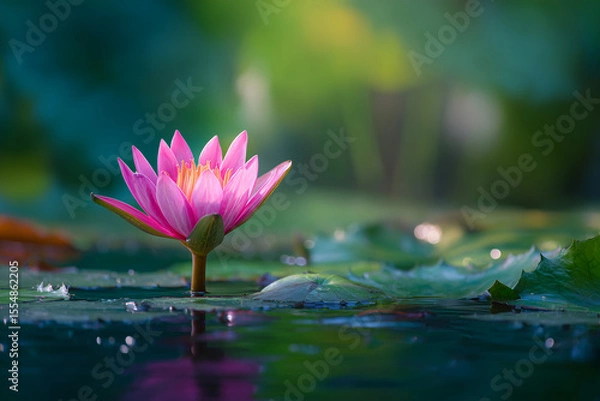 Fototapeta Macro shot of a vibrant pink lotus emerging from water, soft ripples around it and deep green jungle bokeh in the background