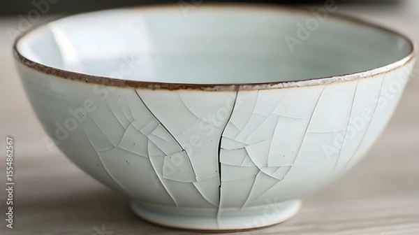 Fototapeta Light gray, shallow bowl with intentional crazing.  The design features a subtle crackle pattern on the surface, creating a textured effect.  