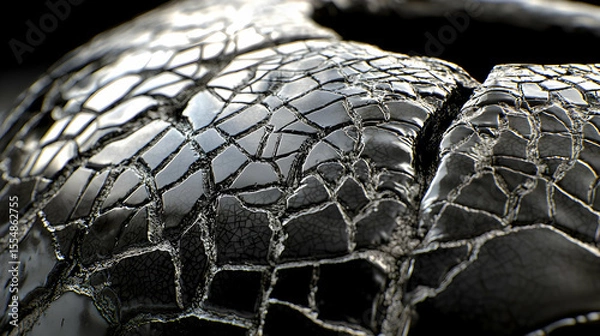 Fototapeta Close-up view of a cracked, dark object.  Detailed fissures and shards of a dark material