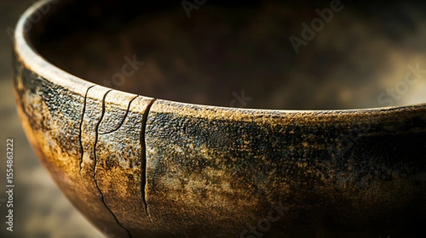 Fototapeta Close-up of a weathered wooden bowl, showing deep cracks.  The bowl's surface exhibits varying shades of brown and dark tones, with a worn, aged appearance