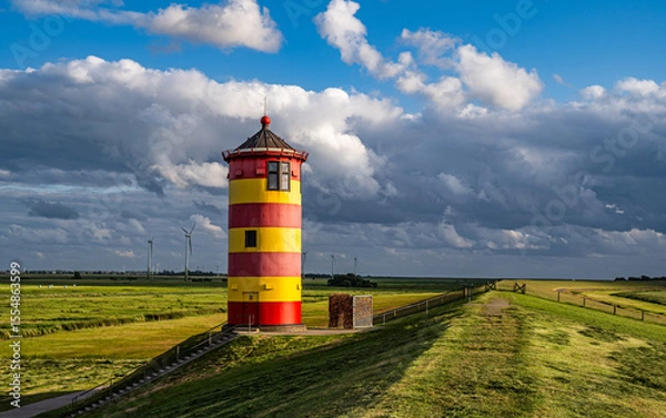 Obraz Gewitterwolken über dem Pilsumer Leuchtturm in Ostfriesland, Deutschland