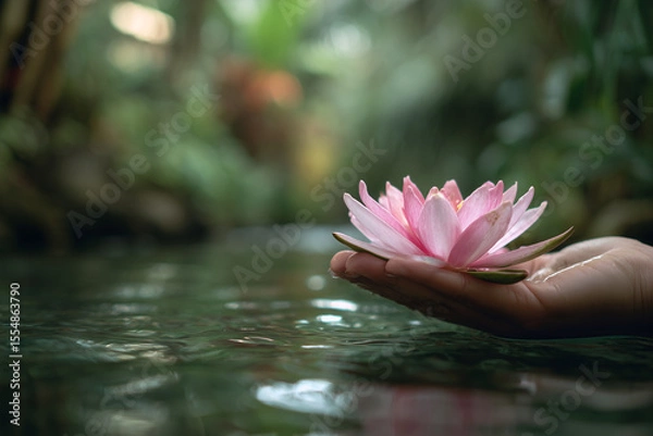 Fototapeta Beautiful lotus flower resting on a person’s hand extended over water, green tropical forest blurred behind