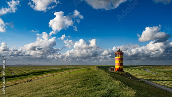 Obraz Gewitterwolken über dem Pilsumer Leuchtturm in Ostfriesland, Deutschland