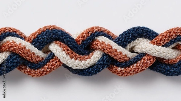 Fototapeta Close-up of dark blue, white, terracotta braid with knitted fabric texture on plain black velvet background. Flat lay perspective showcases design elements.
