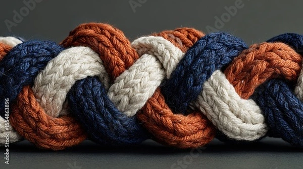 Fototapeta Close-up of dark blue, white, terracotta braid with knitted fabric texture on plain black velvet background. Flat lay perspective showcases design elements.