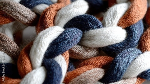 Fototapeta Close-up of dark blue, white, terracotta braid with knitted fabric texture on plain black velvet background. Flat lay perspective showcases design elements.