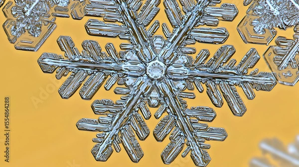 Fototapeta Close-up of a complex, intricate snowflake, showcasing delicate crystalline structures.  Clear, ice crystals arranged in a symmetrical pattern