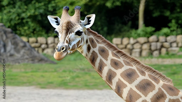 Fototapeta Close-up of a giraffe's neck and head, showcasing its distinctive spotted pattern against a natural backdrop of greenery and rock formations