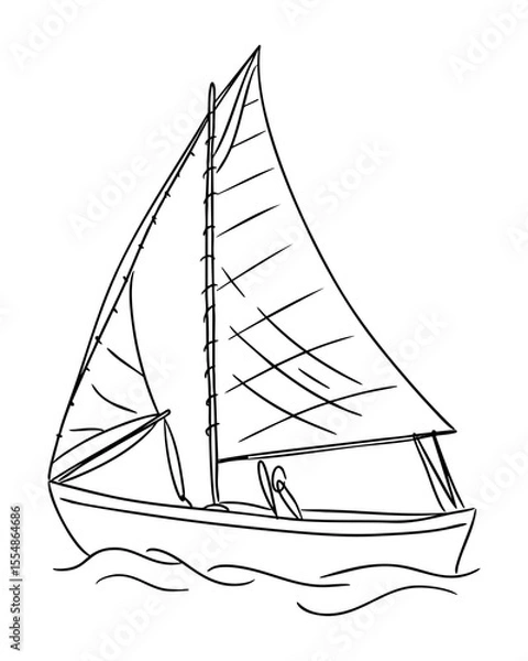 Fototapeta Sailing boat doodle in black and white line style with large sails floating on water. Symbolizes freedom, exploration, marine travel and peaceful ocean adventure