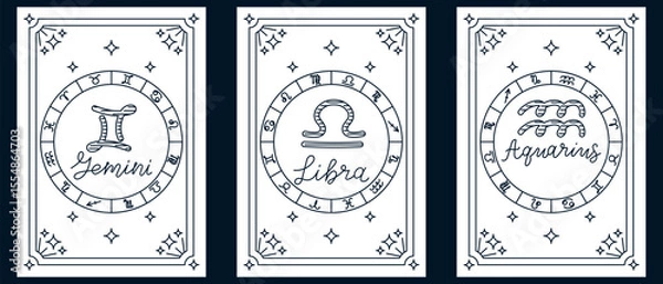 Fototapeta Set of zodiac illustrations featuring Gemini, Libra and Aquarius symbols with astrological signs around. Represents air element horoscopes, astrology themes and mystical celestial design