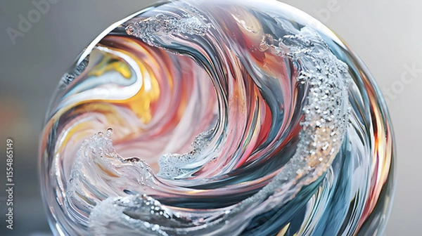 Fototapeta Abstract sphere with swirling, multicolored liquid patterns and icy textures.  Detailed close-up view reveals intricate, flowing colors