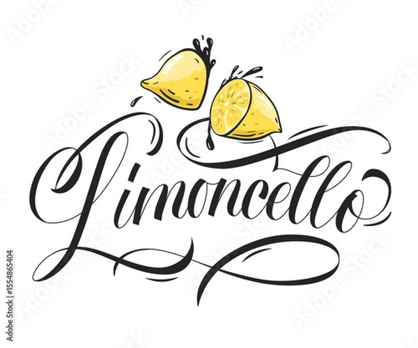 Fototapeta Limoncello. Illustration sliced lemon juice. Label of the citrus fruit drink is made with calligraphy on white background