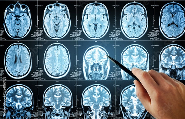 Obraz The doctor is doing a brain. Closeup of a CT scan with brain. Magnetic resonance imaging. Medical, science and education mri brain background. Magnetic resonance imaging.