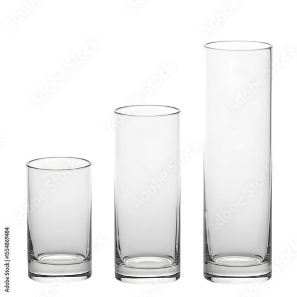 Obraz Clean Arrangement of Three Clear Glass Cylindrical Vases in Graduated Heights – Isolated on White or Transparent Background