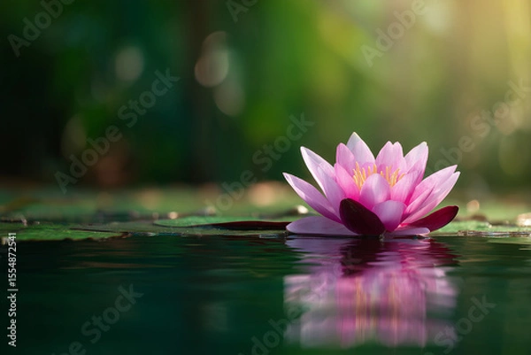 Fototapeta Close-up of a pink lotus flower gently floating on still water, with reflections and a blurred green jungle background,