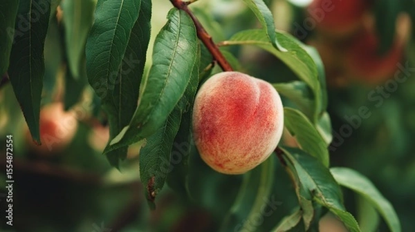 Fototapeta Close-up of perfect peach nestled on tree branch with vibrant green leaves. Soft pink-red hues contrast smooth texture, delicate skin, capturing summer abundance beauty.