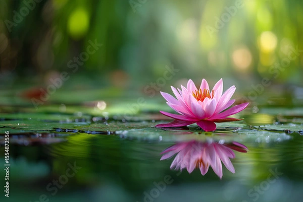 Fototapeta Close-up of a pink lotus flower gently floating on still water, with reflections and a blurred green jungle background,