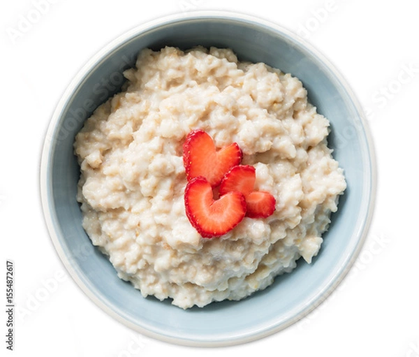 Fototapeta Isolated Oatmeal Porridge Bowl With Strawberries Heart Shaped, Top View. Healthy Food