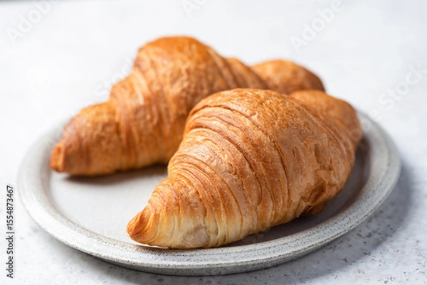 Fototapeta Two flaky french croissants on a plate, detailed closeup view