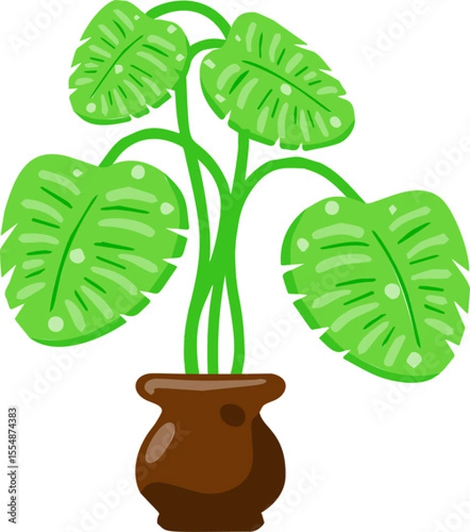 Obraz Houseplant with tropical foliage in a pot. Flat vector cartoon illustration.