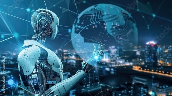 Obraz A Visual Odyssey into the Confluence of Worldwide Connectivity and AI Innovations. Behold Scenes of AI - powered Global Trading Hubs, Cross - border AI Research Collaborations, and AI - enabled