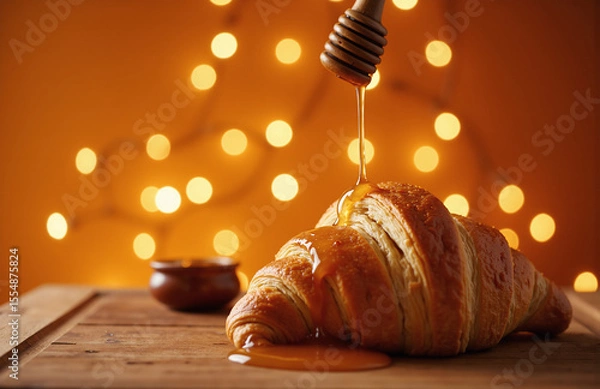 Fototapeta Croissant with honey drizzle on warm wooden surface.