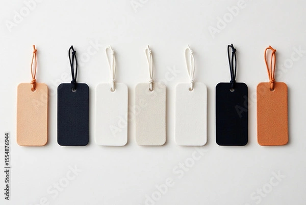 Obraz Fabric Texture Tags with Strings arranged Straight Horizontal Line on a white background