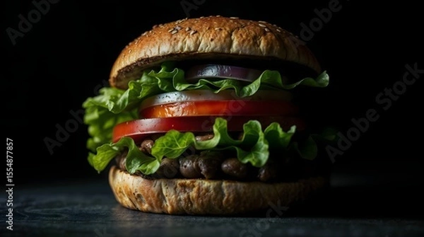 Obraz Gourmet Veggie Burger with Lettuce, Tomato, and Beans – High-Resolution Food Photography