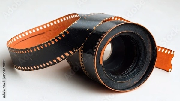 Fototapeta Unspooled 35mm film roll with vintage look on white background, classic analog photography concept