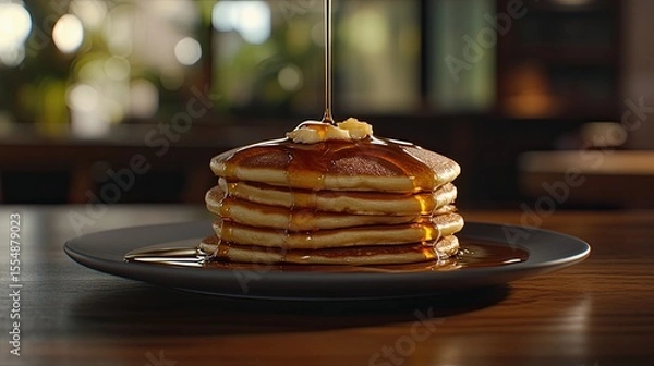 Fototapeta Stack of fluffy pancakes drizzled with syrup on wooden table with simple background