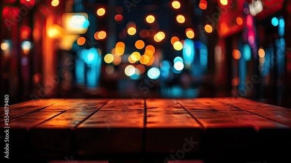 Fototapeta Empty wooden tabletop with blurred lights in vibrant colors, warm party ambiance