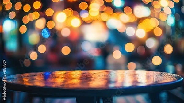 Fototapeta Wooden table surface with colorful bokeh lights in the background, festive night atmosphere