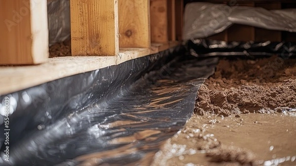Fototapeta Plastic vapor barrier applied in residential crawl space during moisture control process