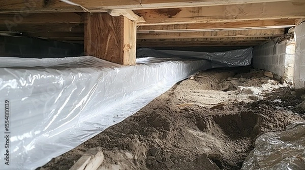Fototapeta Crawl space with vapor barrier installation along foundation wall and support beams