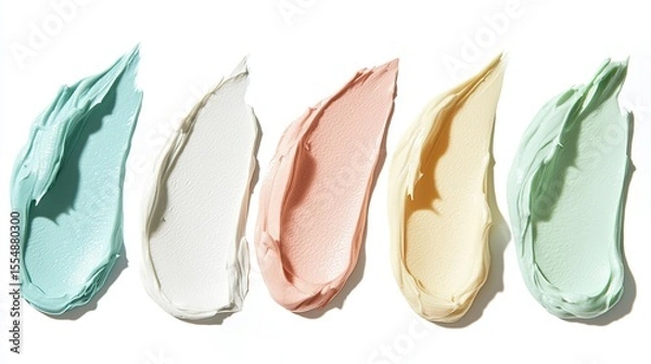 Fototapeta Colorful smears of cosmetic cream on white background in soft natural light