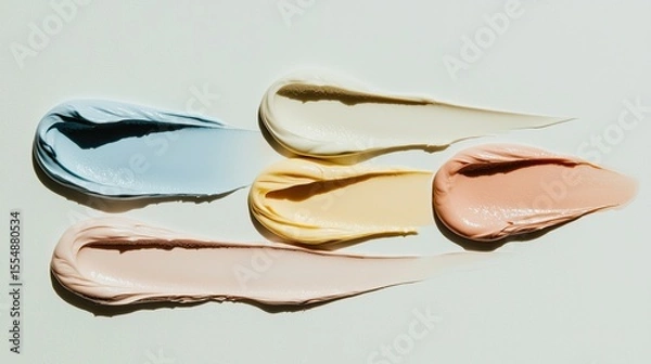 Fototapeta Top view of five creamy skincare textures in elegant color palette