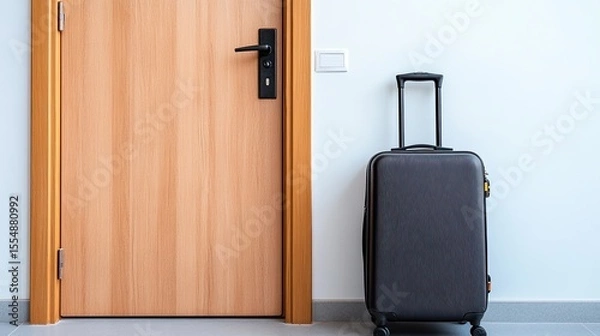 Fototapeta Modern travel suitcase standing indoors next to closed wooden door